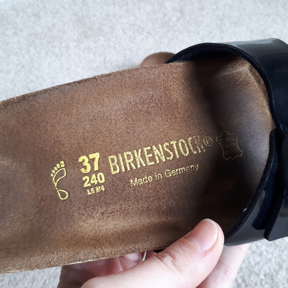 BIRKENSTOCK / 37, 6 / Women's Madrid Patent Faux Leather Cork Sandals - Black - Picture 8 of 10